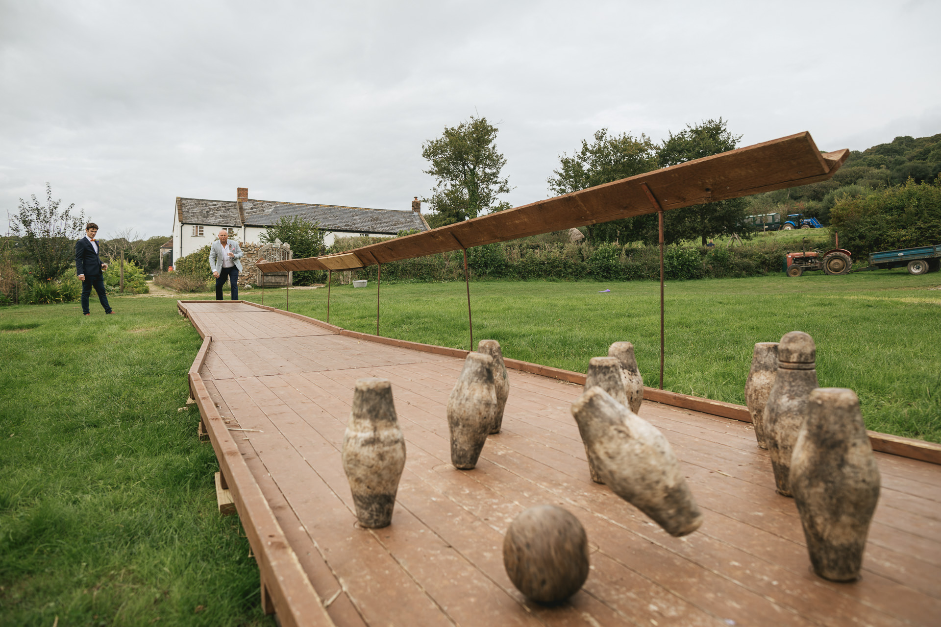 Wedding guest playing skittles at River Cottage