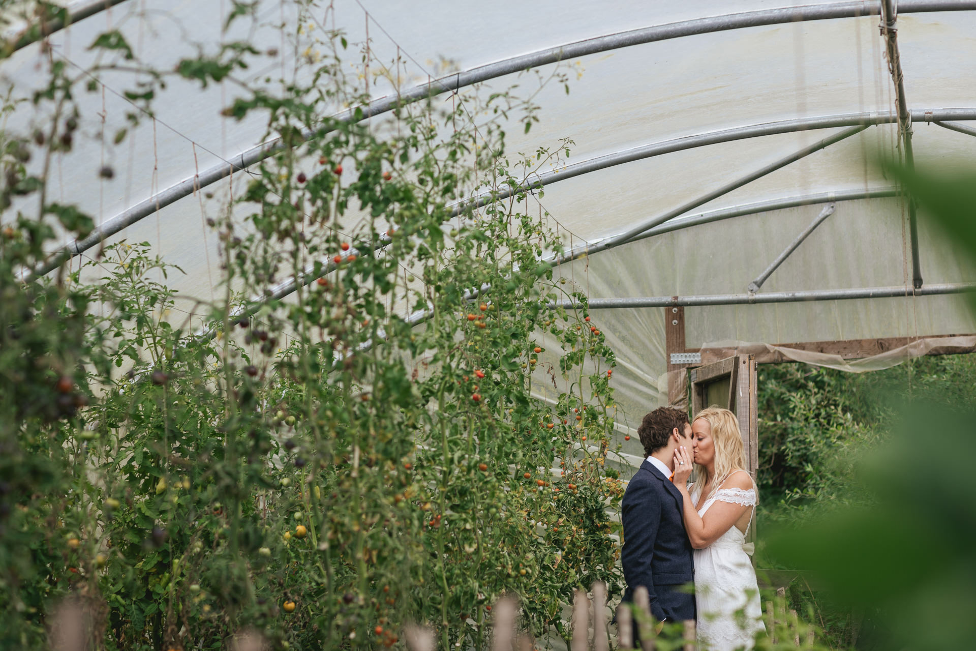 Bride and groom kissing in a polytunnel
