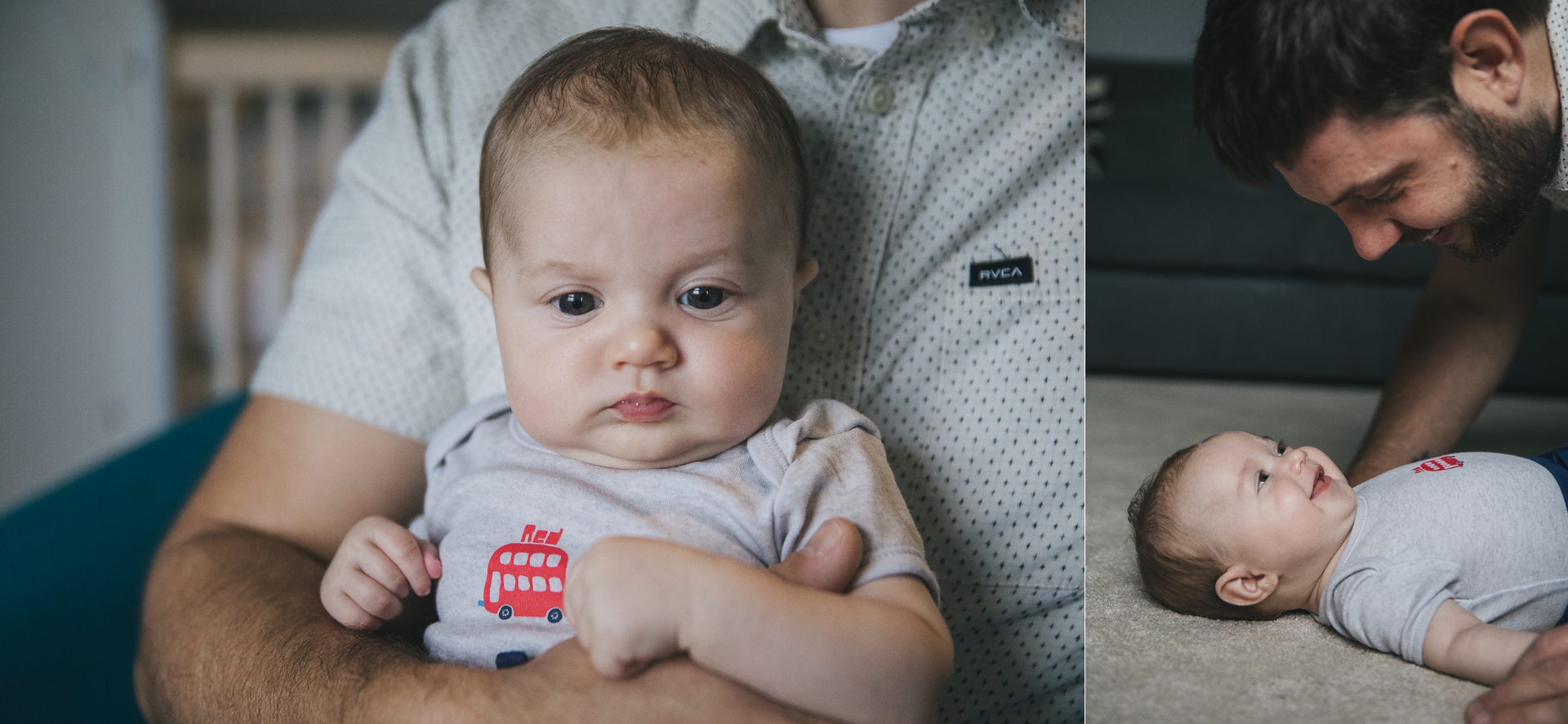 Relaxed family photos of a baby smiling at his father