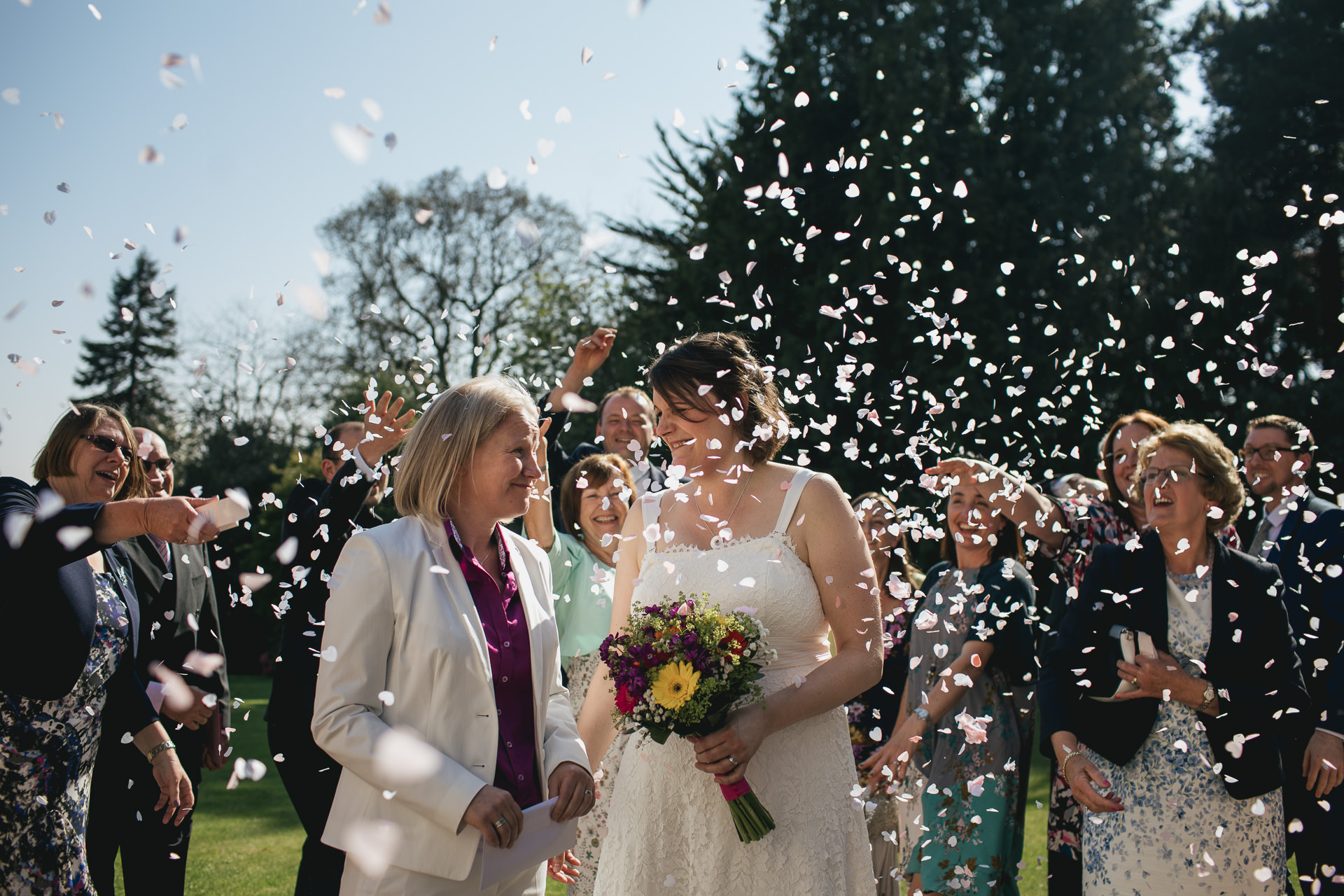 Bride and bride with confetti