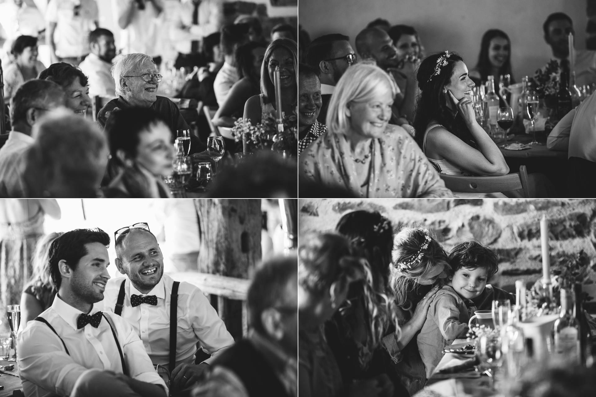 Wedding guests laughing during meal