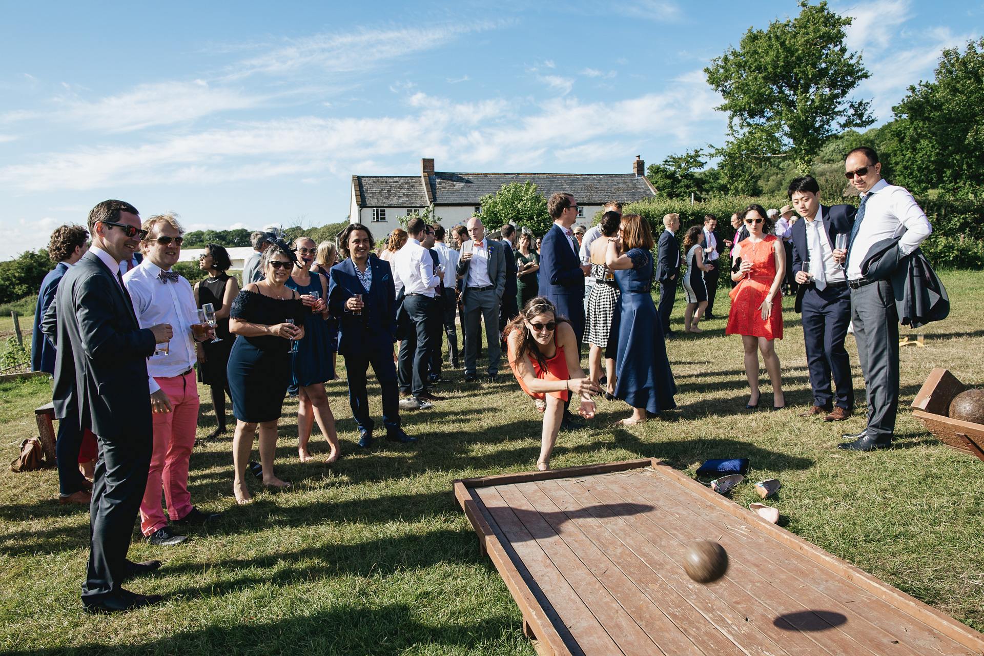 Wedding guests playing skittles at River Cottage