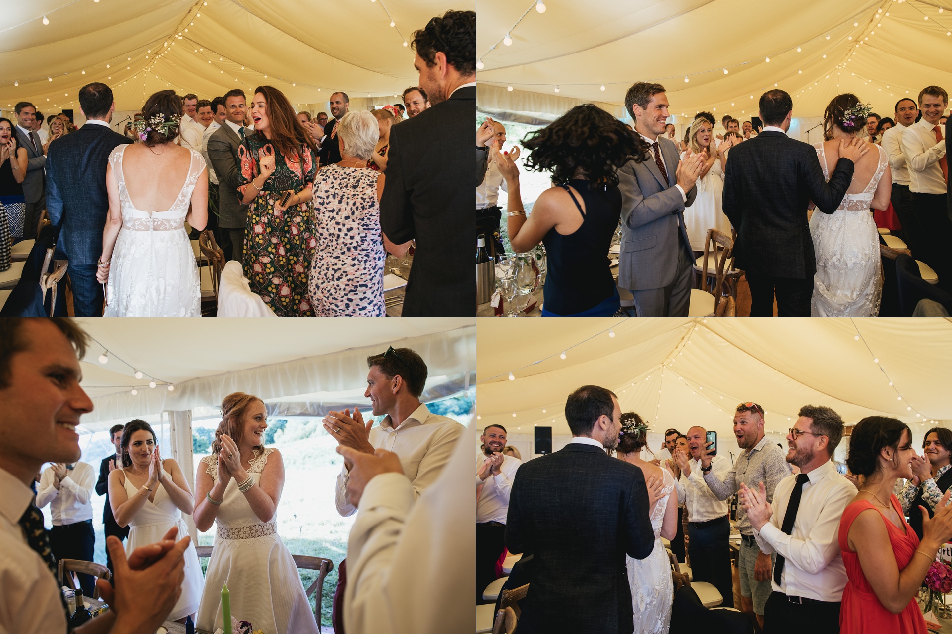 Guests cheering and clapping as bride and groom enter marquee