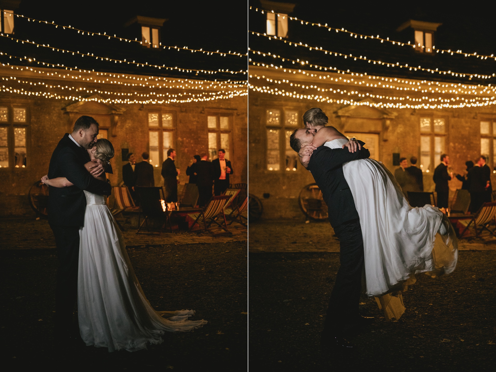 Bride and groom hugging each other outside The Stables
