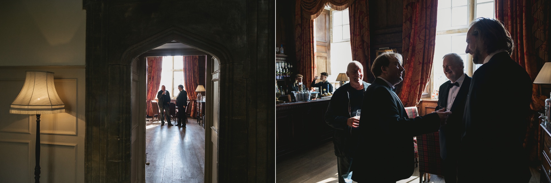 Wedding guests in the bar at Brympton House