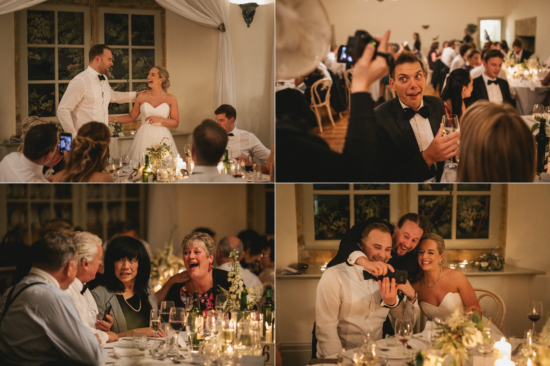 Different images of guests enjoying the wedding breakfast
