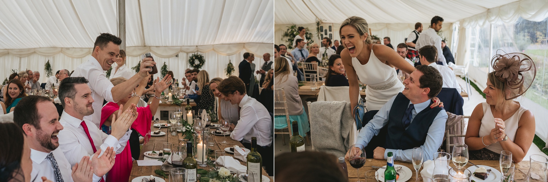Bride and wedding guests laughing in a marquee