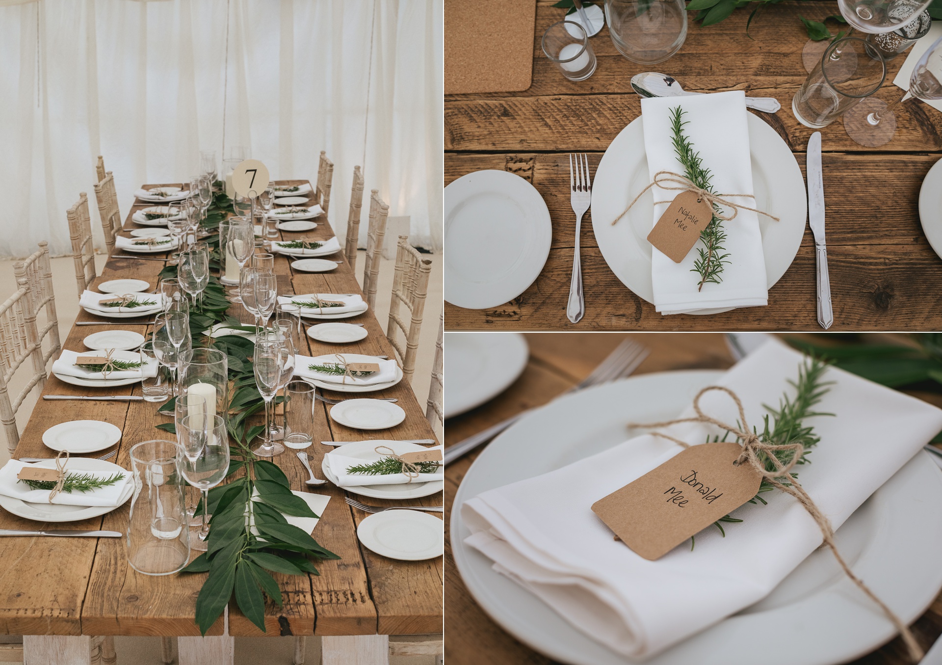 Long trestle table with greenery and rustic place settings