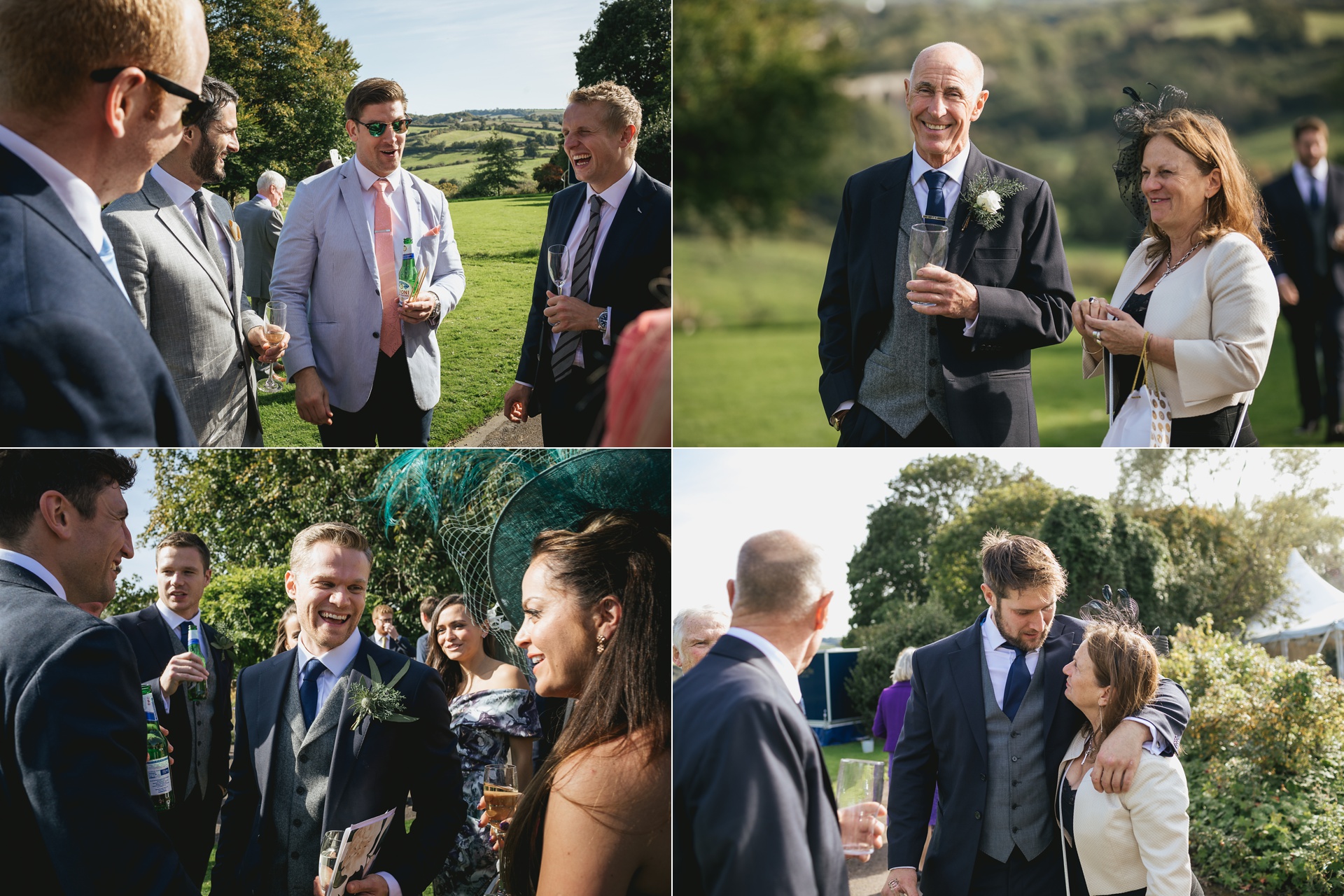 Wedding guests chatting and laughing in sunshine