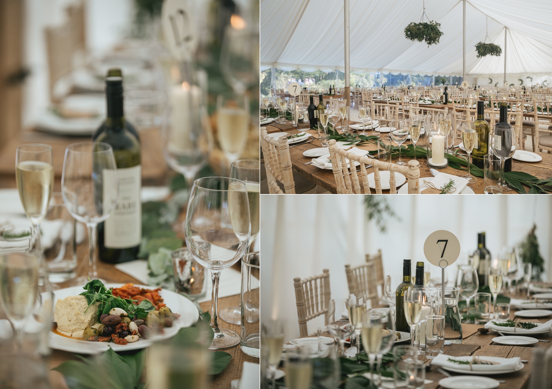 Long tables laid out in wedding marquee with beautiful greenery and candles