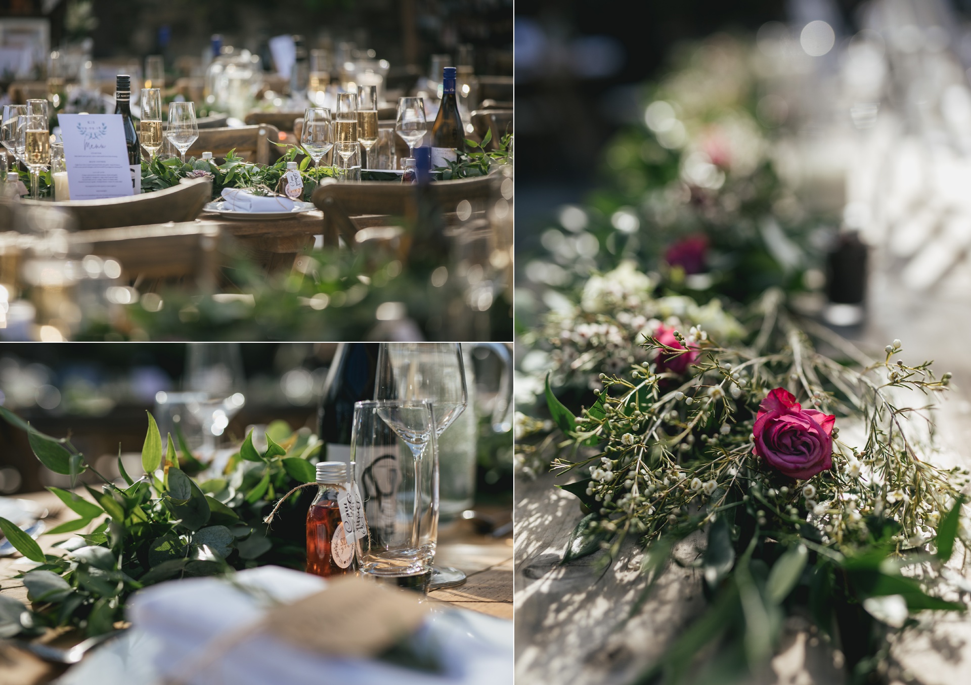 Details of greenery and flowers on wedding tables at Anran