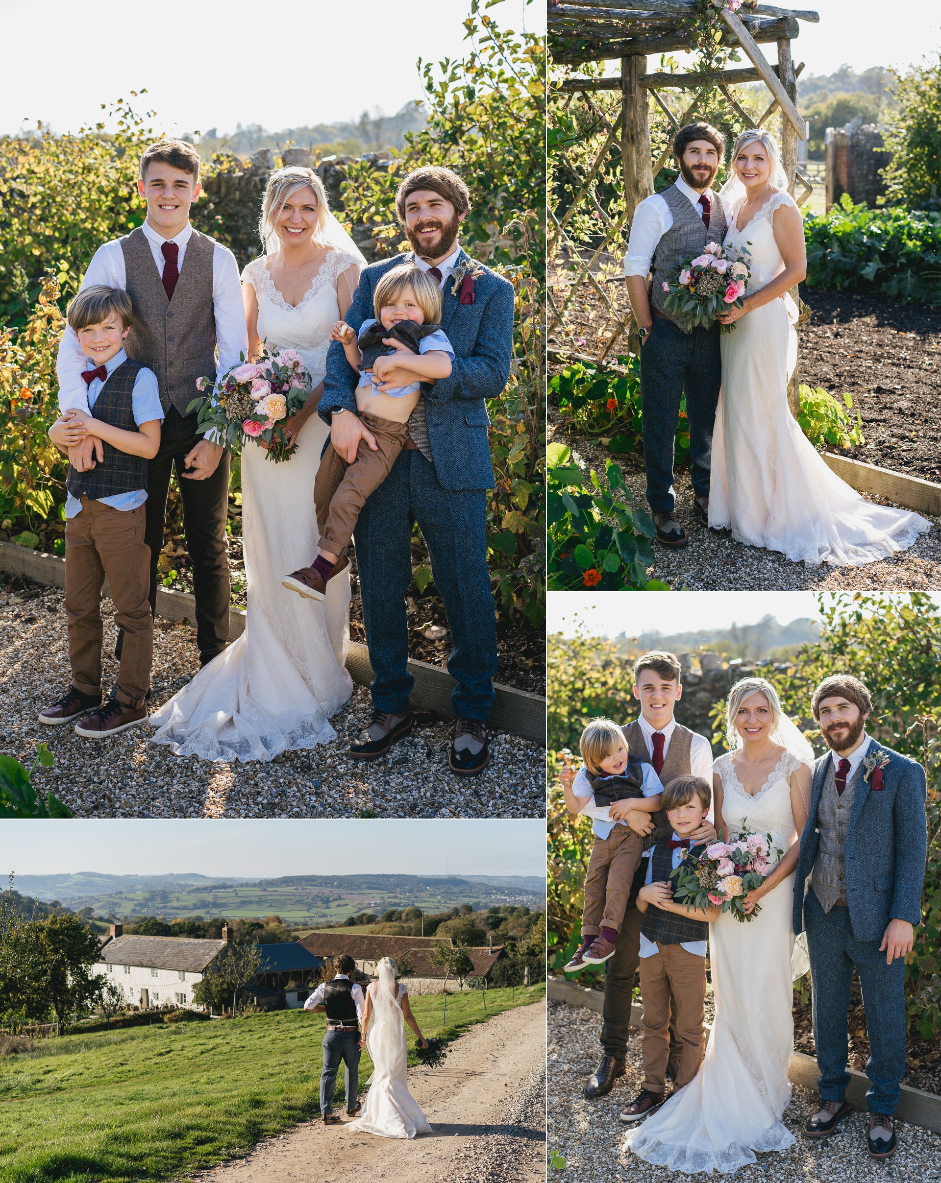 Family portraits of bride and groom with sons