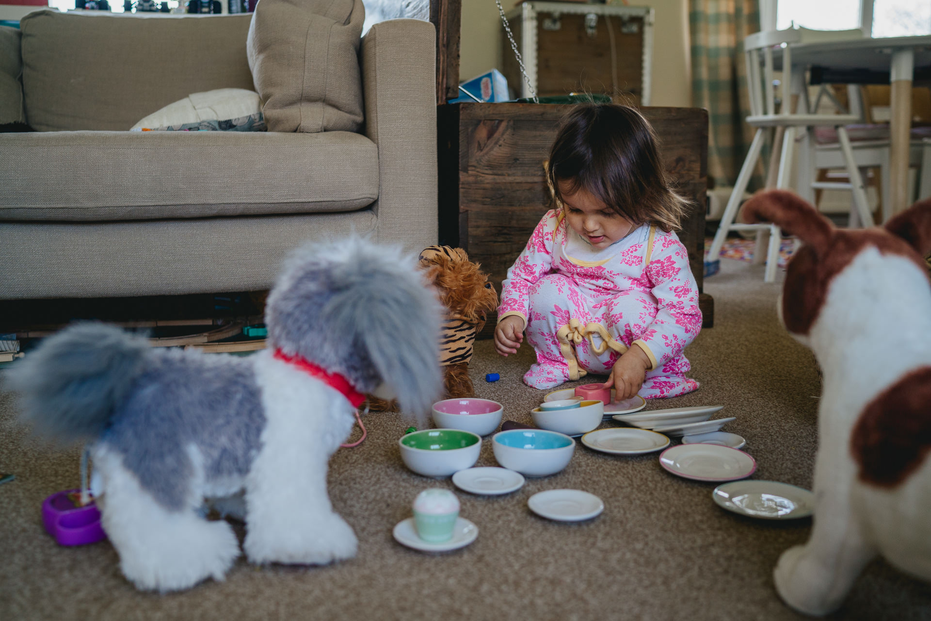 A young girl playing at home with her toys