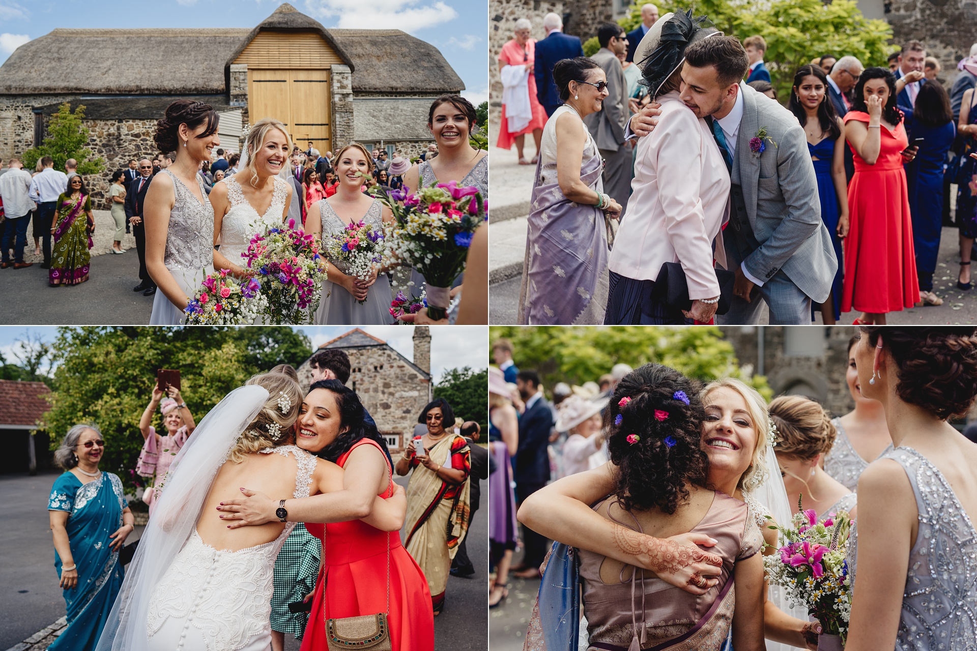 Wedding guests hugging a bride and groom at the Great Barn