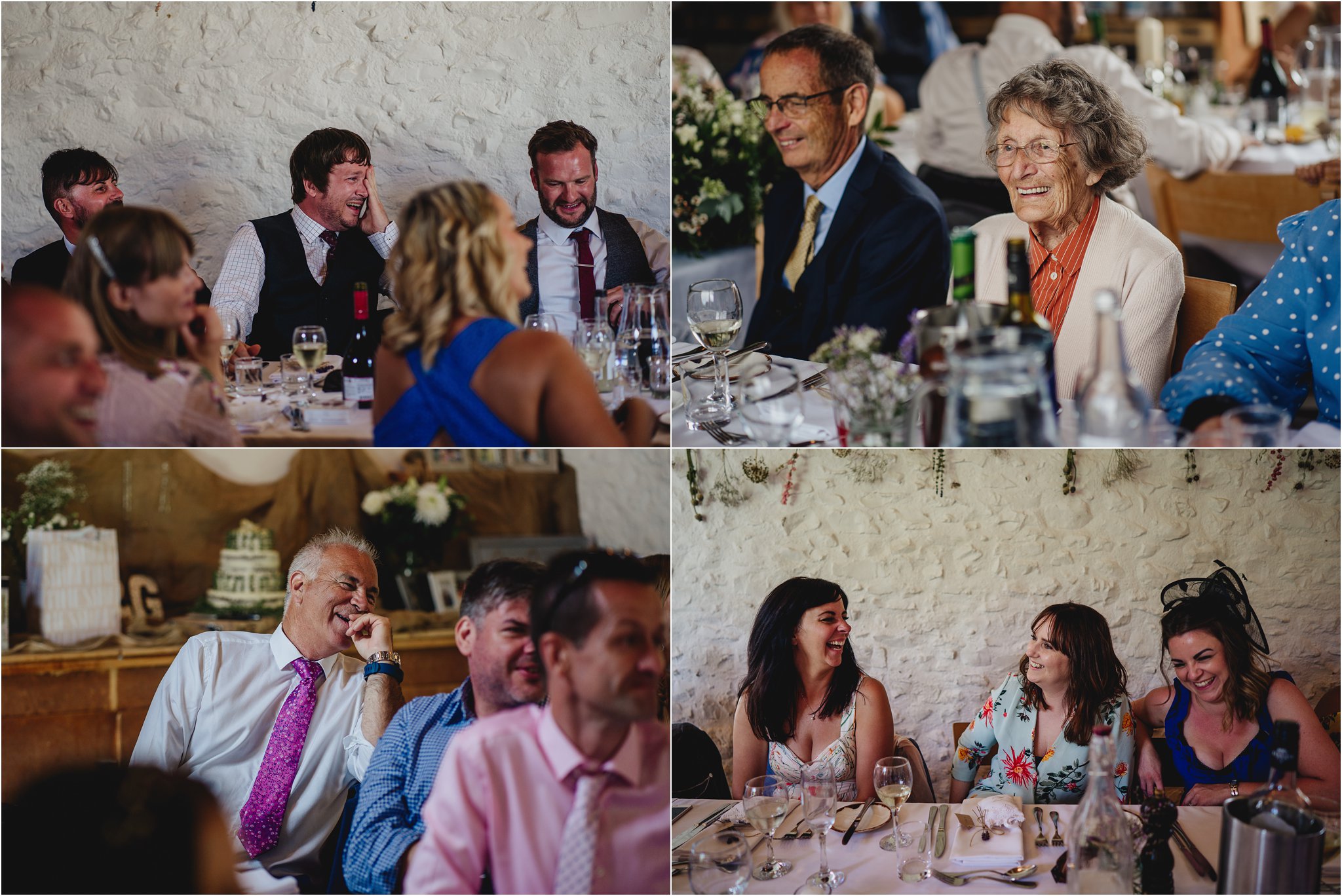 Guests laughing at wedding speeches at River Cottage