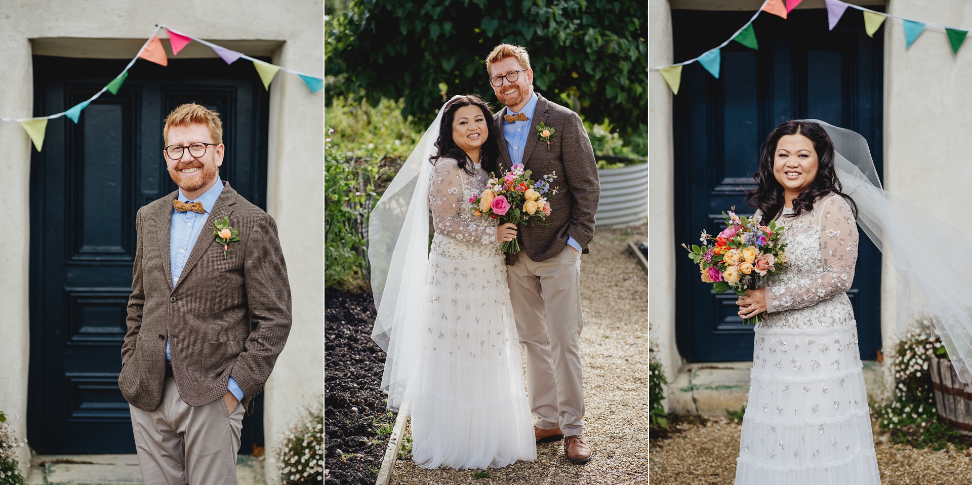 Portraits of a bride and groom in the kitchen garden at river cottage, for their autumn outdoor wedding