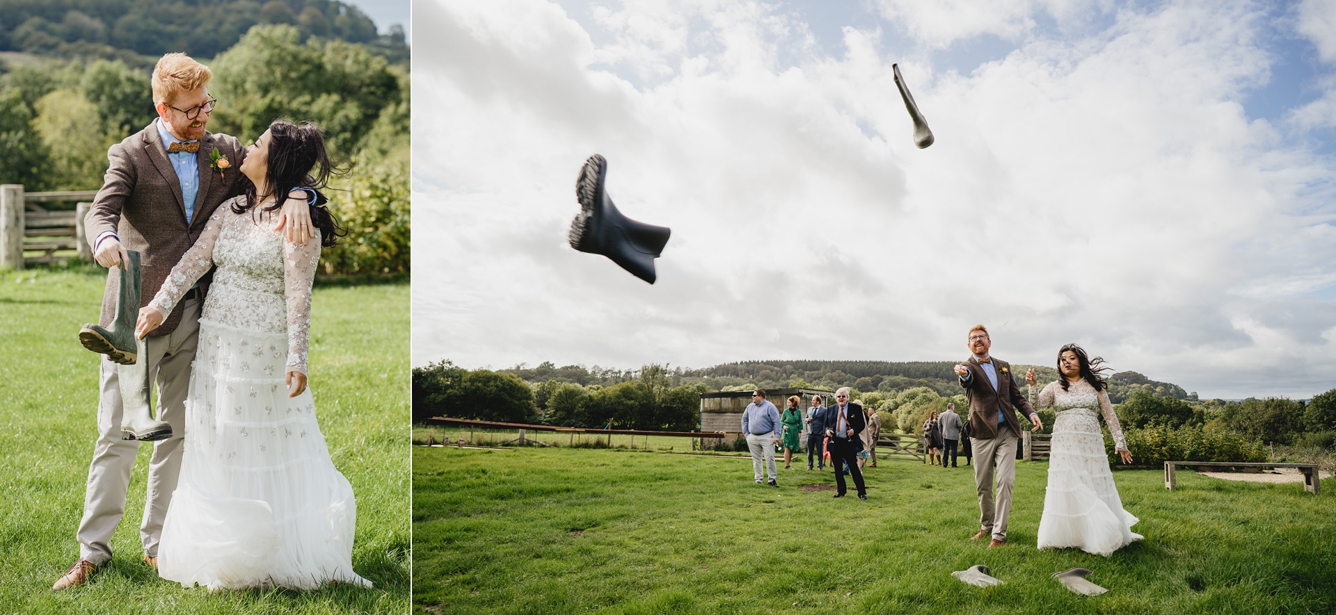 bride and groom throwing wellies across a field