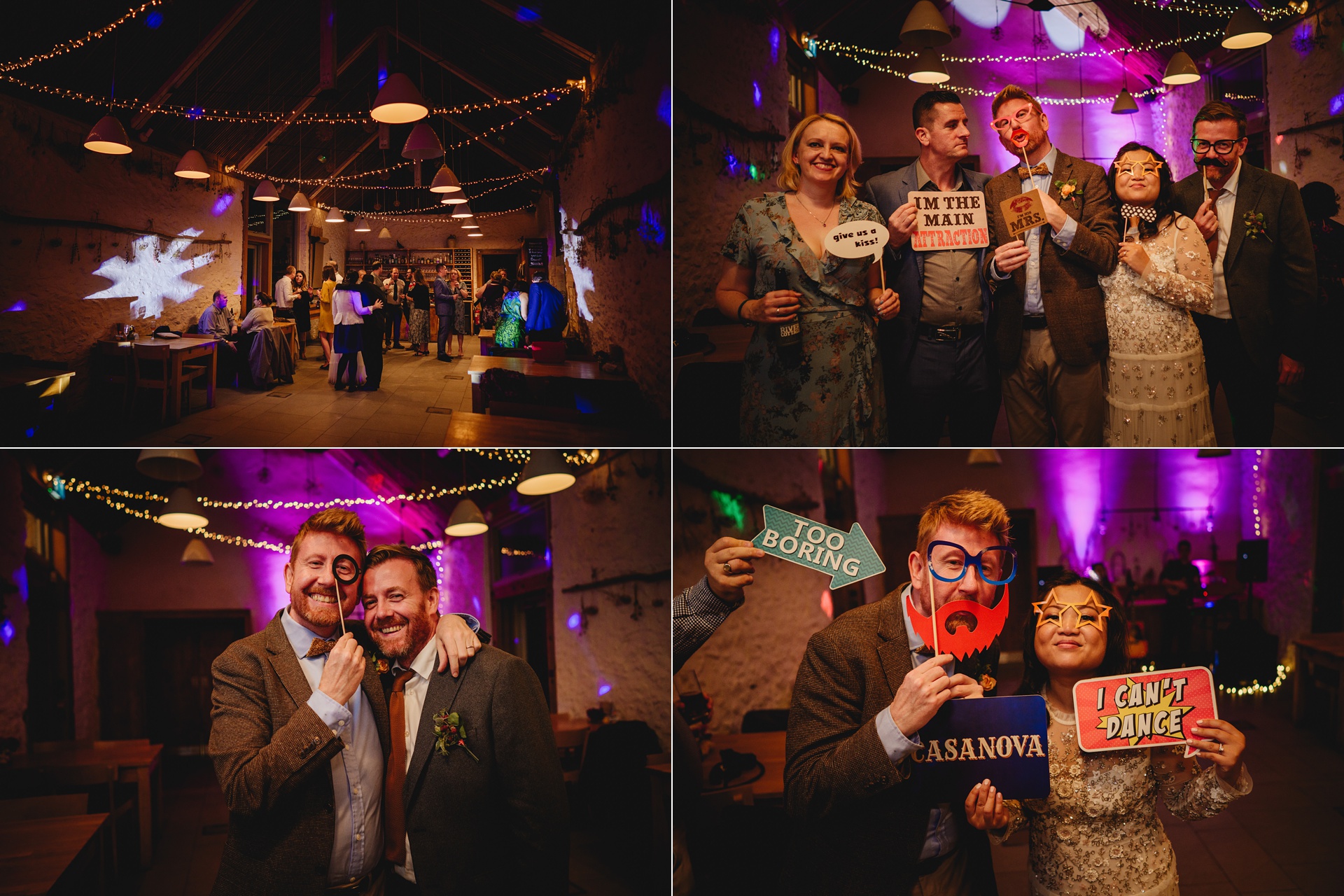 wedding guests wearing silly masks and signs