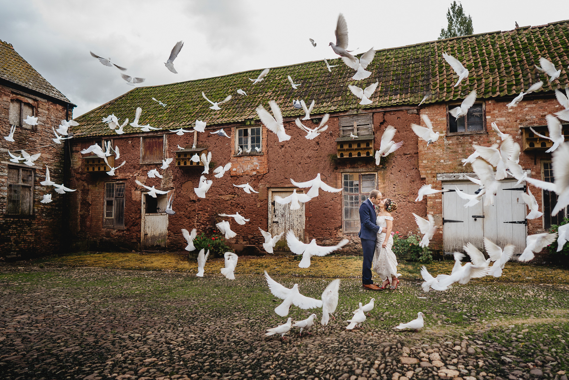 Bride and groom kissing, surrounded by white doves flying around them
