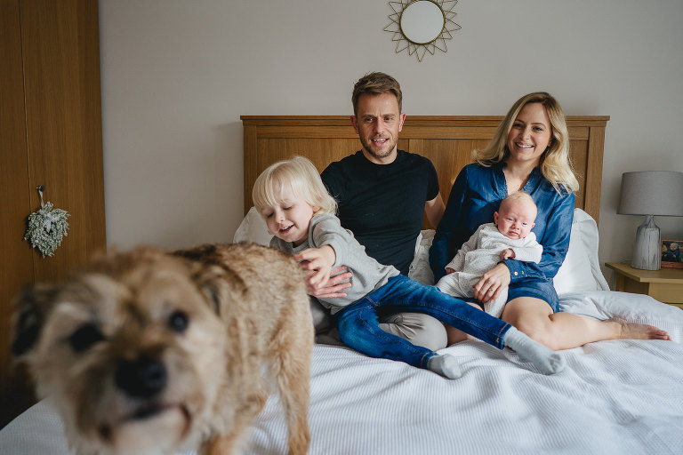 A relaxed photograph of a family on a bed being photobombed by a border terrier