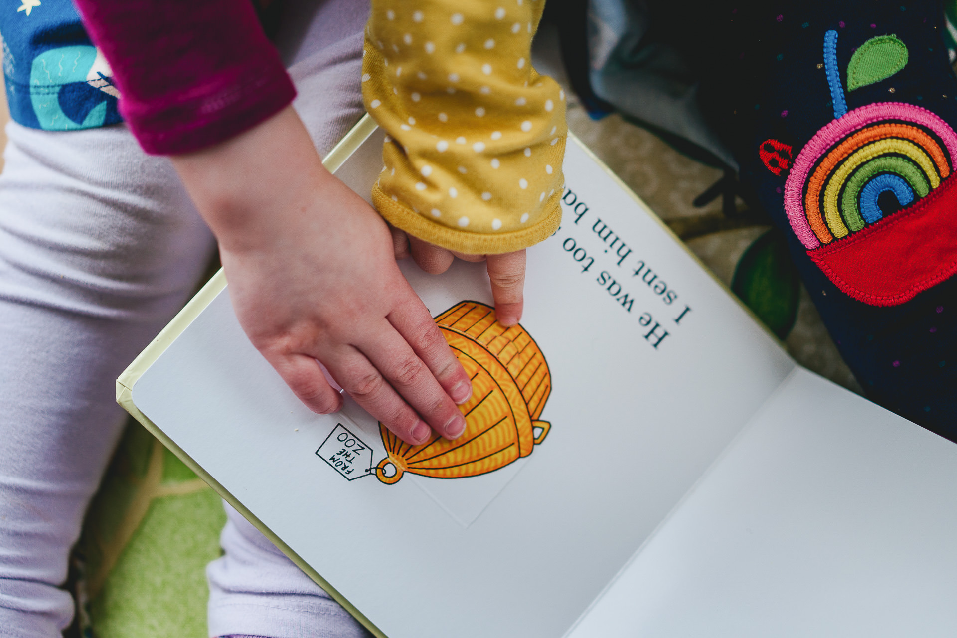 Two small children's hands pointing at a book