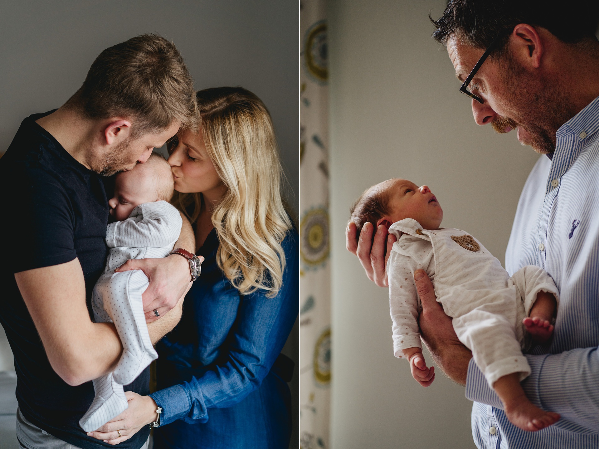 Relaxed family photographer images of parents holding newborn babies in their own homes