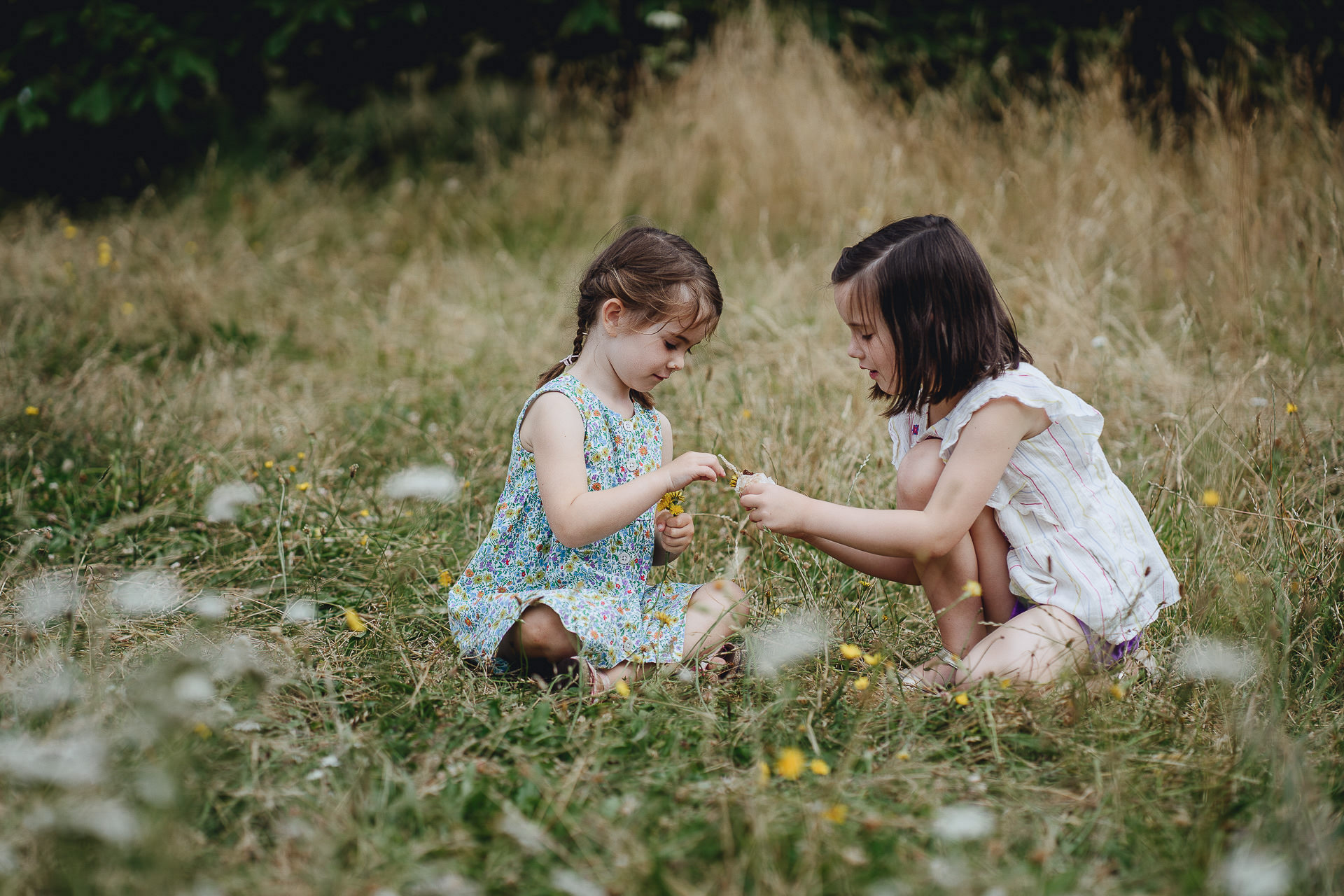 Two sisters making daisy chains together