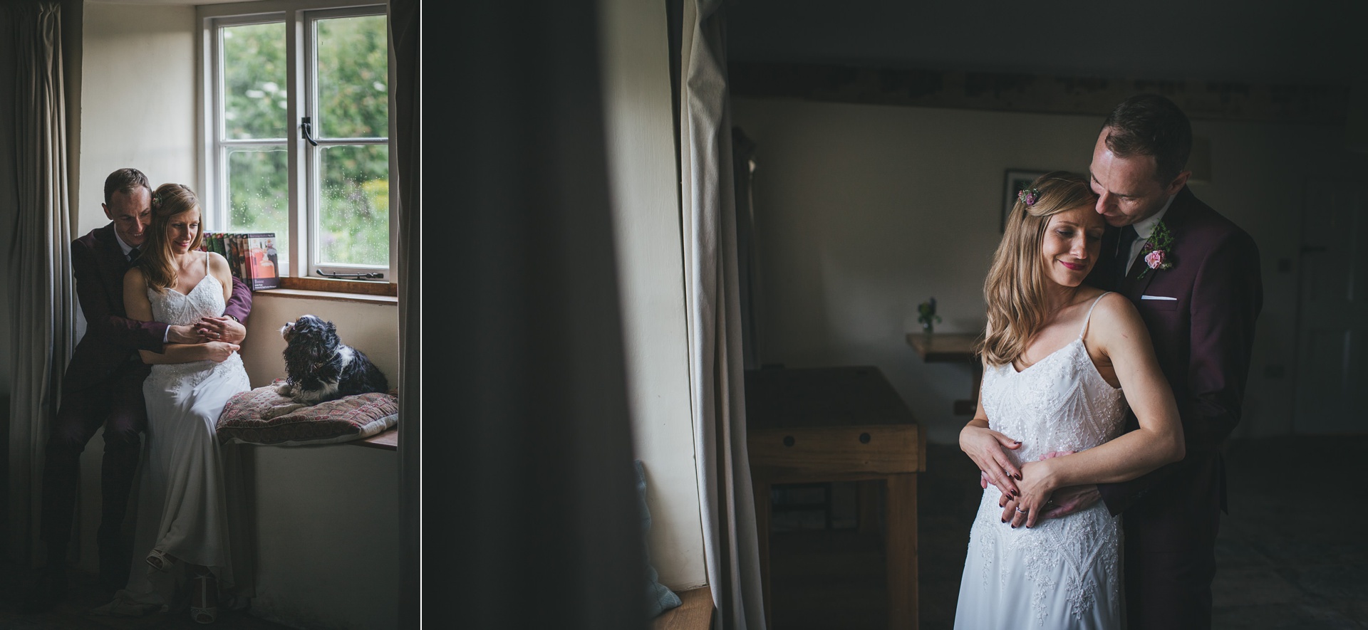 Indoor portraits of a bride and groom and their dog, with rain outside