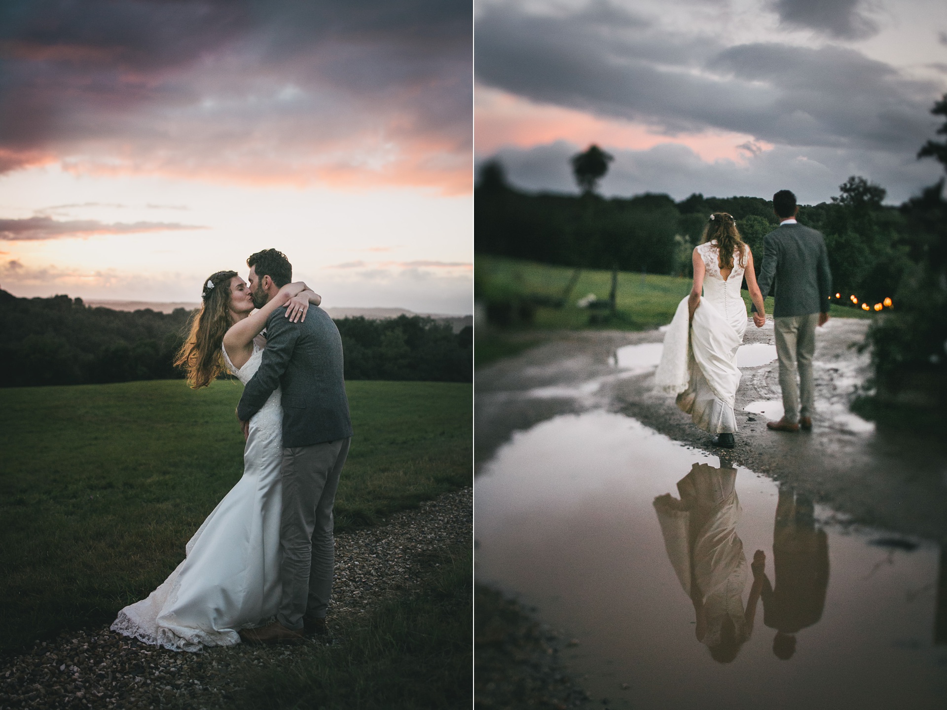 A bride and groom walking through muddy puddles holding hands at a wet weather wedding
