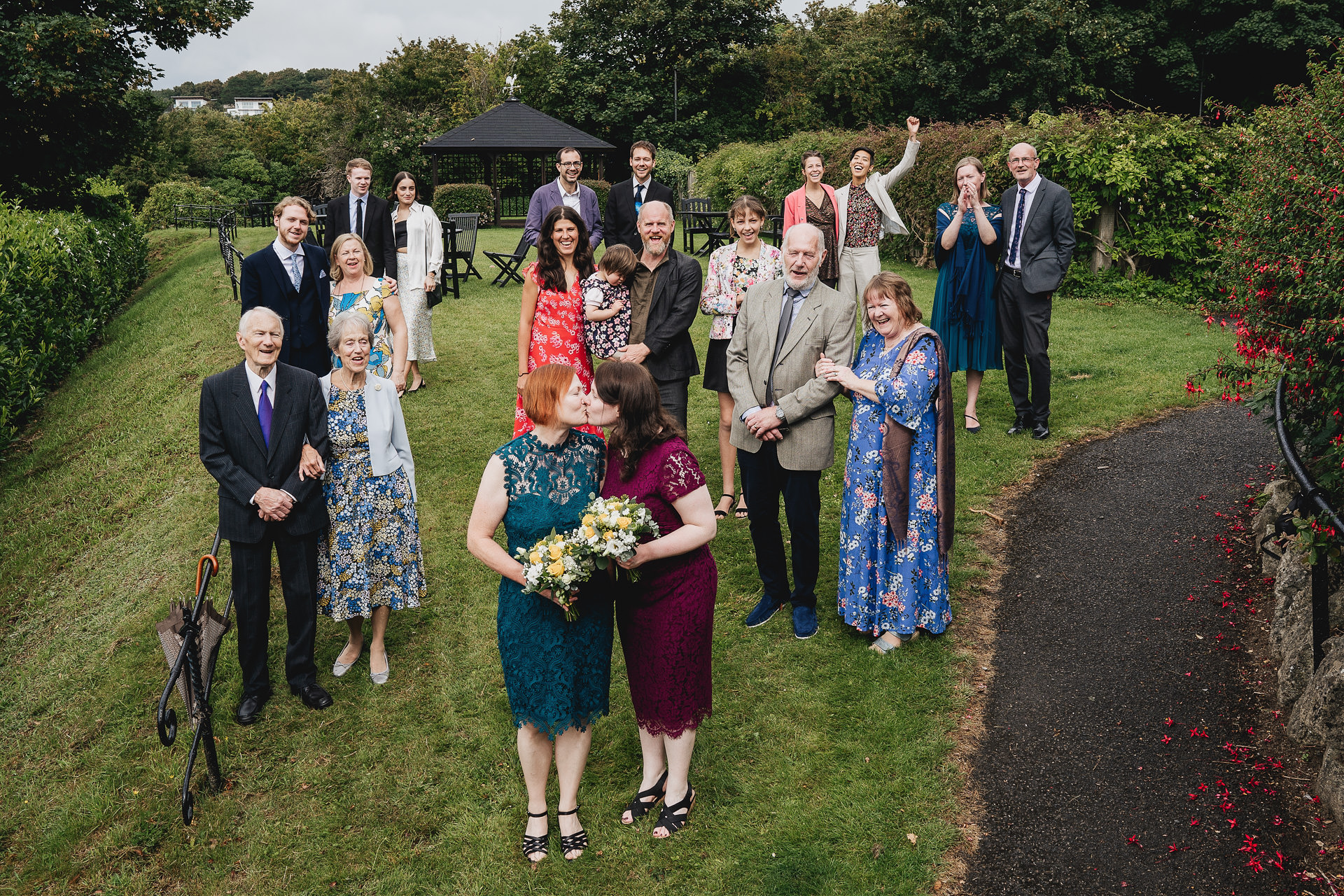 Socially distanced wedding group photo