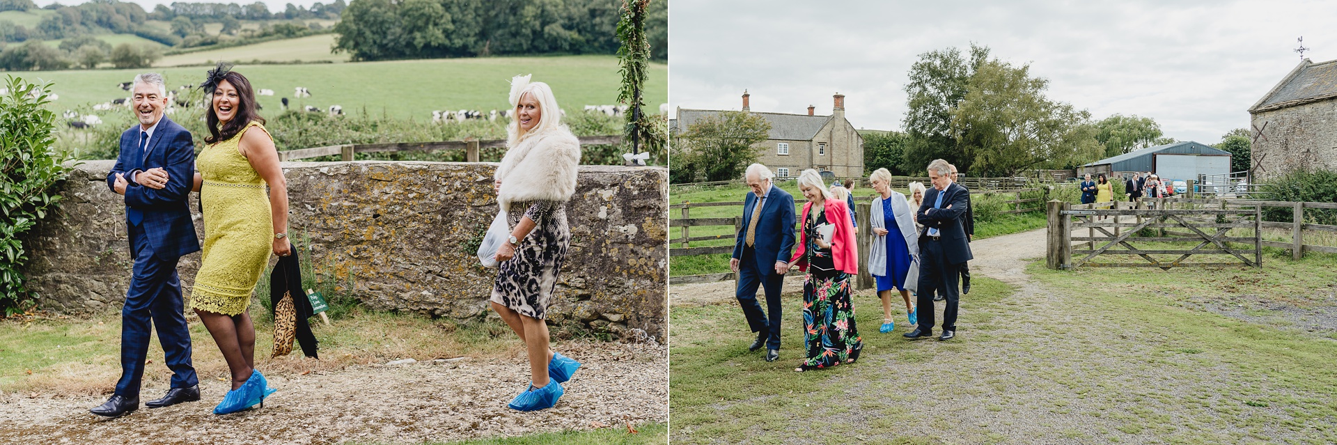 Wedding guests arriving at a rural church with plastic covers on their shoes