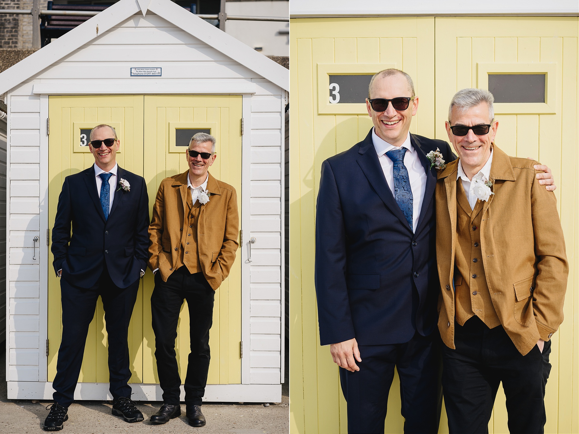 Groom and best man smiling by a yellow beach hut