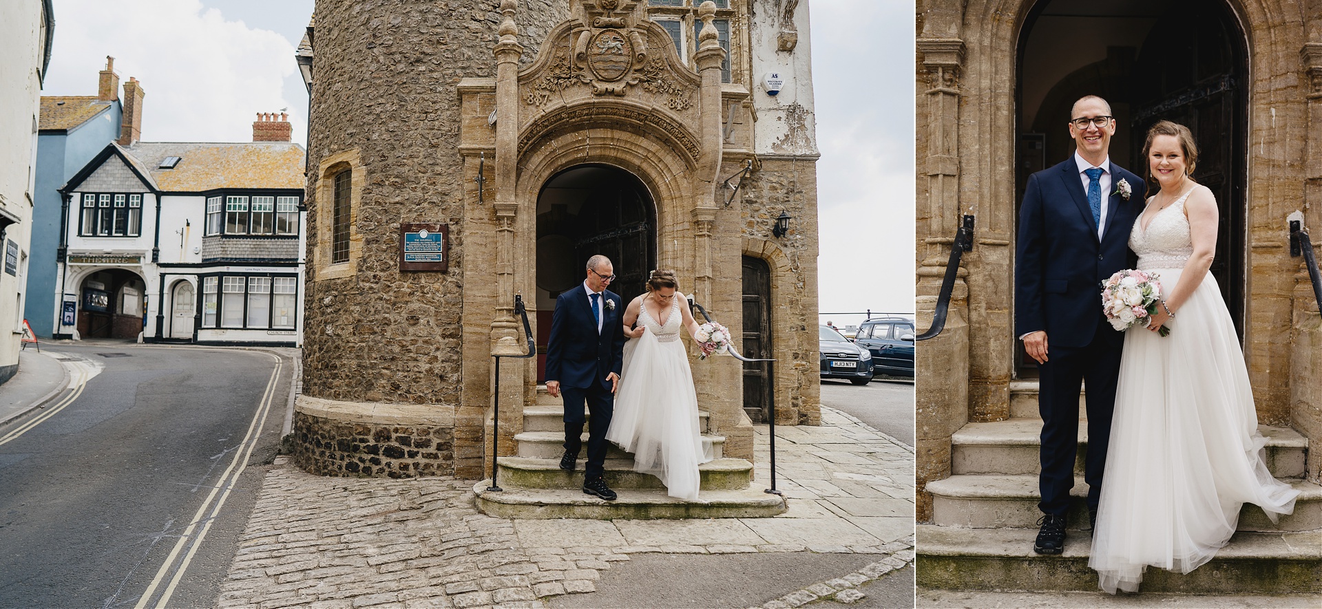 Bride and groom outside Lyme Regis Guildhall after elopement wedding by the sea