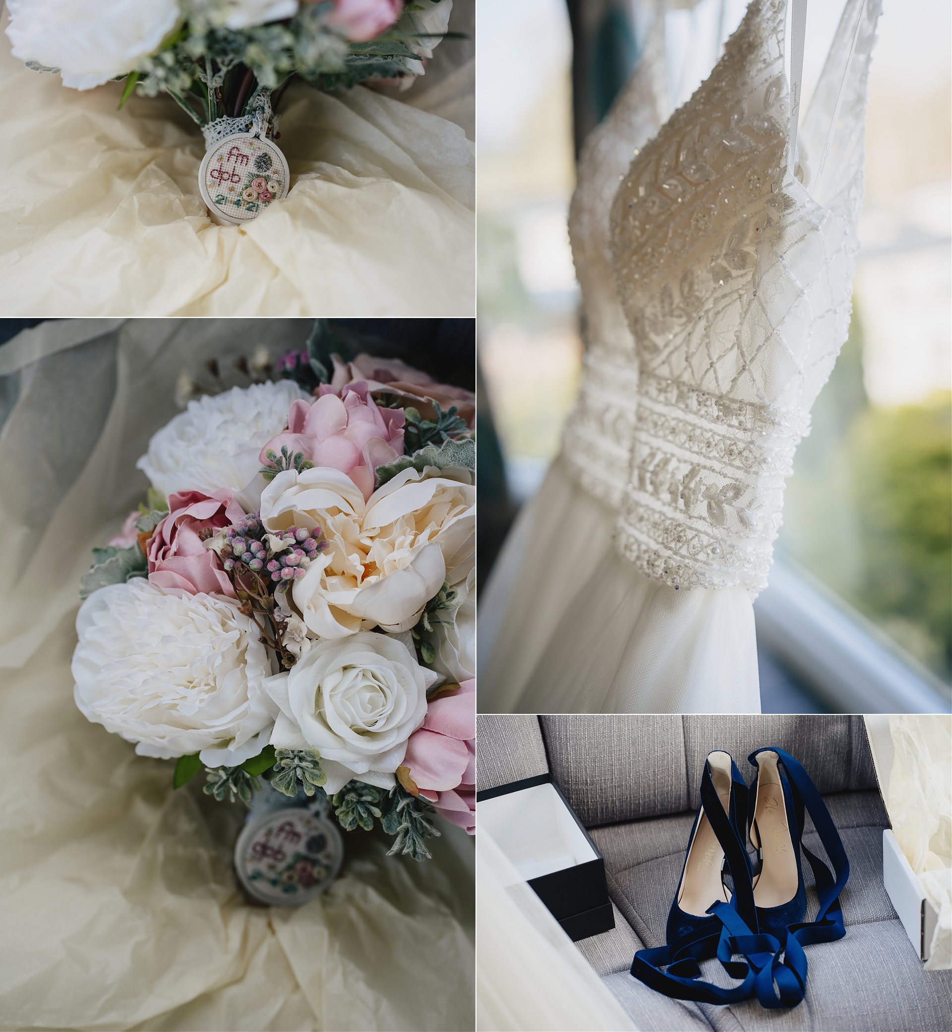 Silk flowers, wedding dress and blue velvet shoes for bride's wedding day
