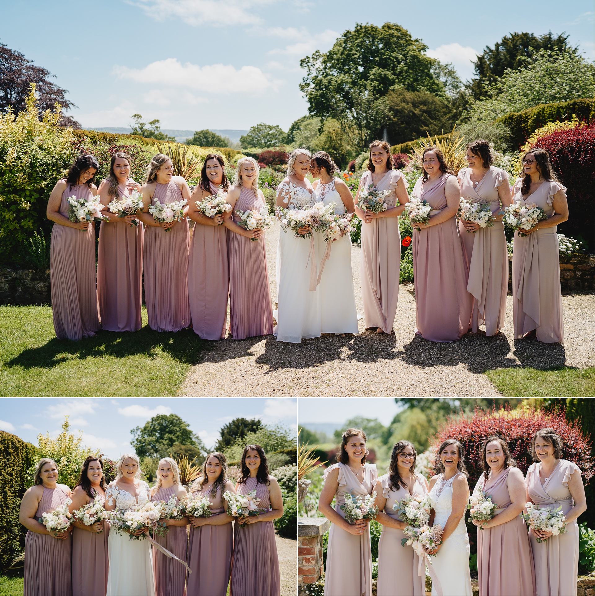 Wedding group photo with two brides and bridesmaids in pink dresses