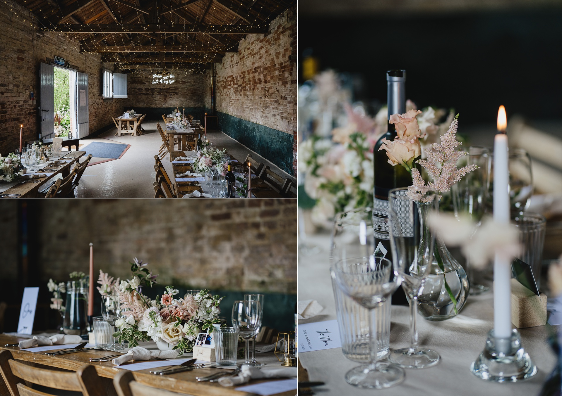 Beautiful wedding tables set with pale pink and white flowers, in a rustic barn setting at Cadhay in Devon 