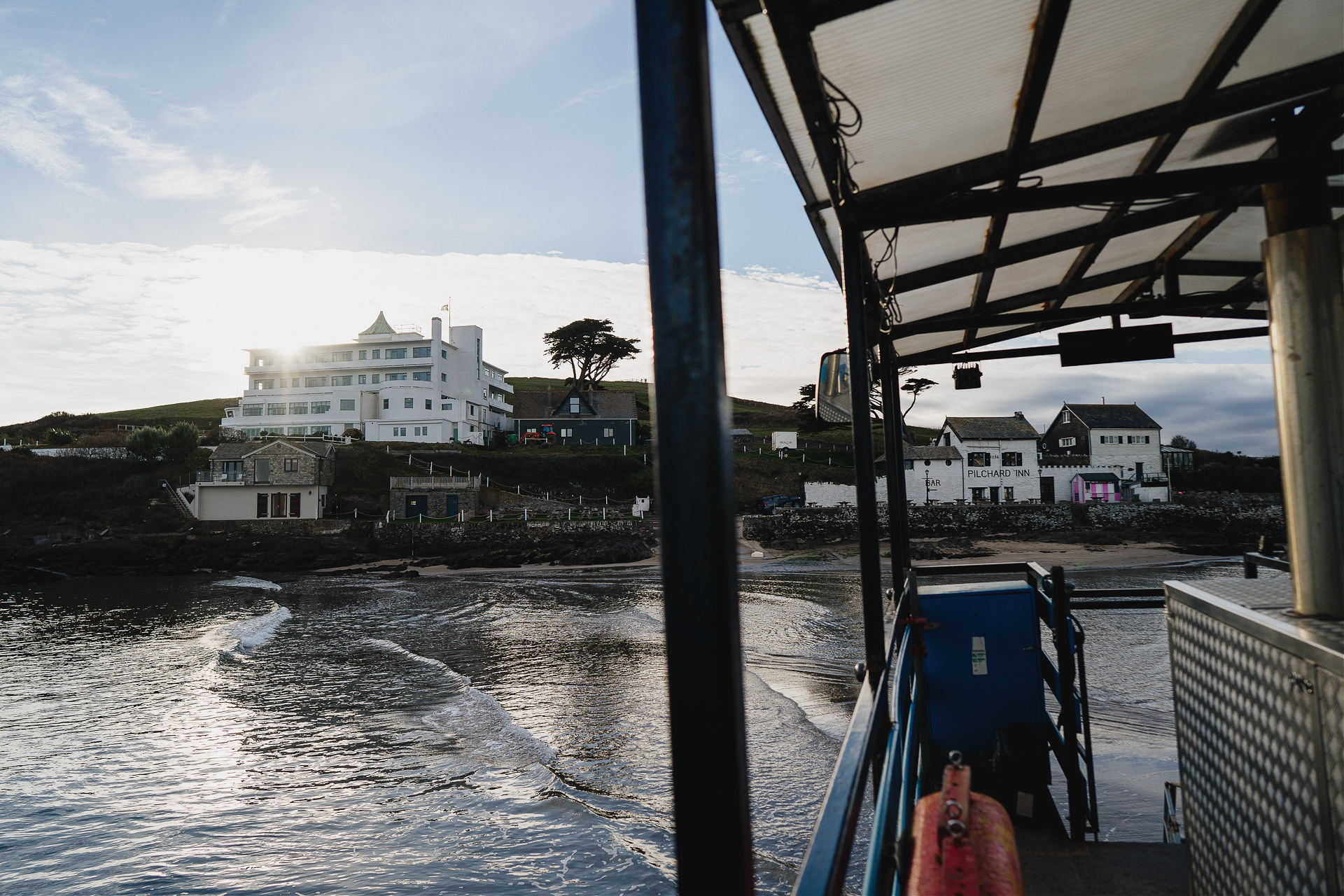 View of Burgh Island Hotel from the sea tractor