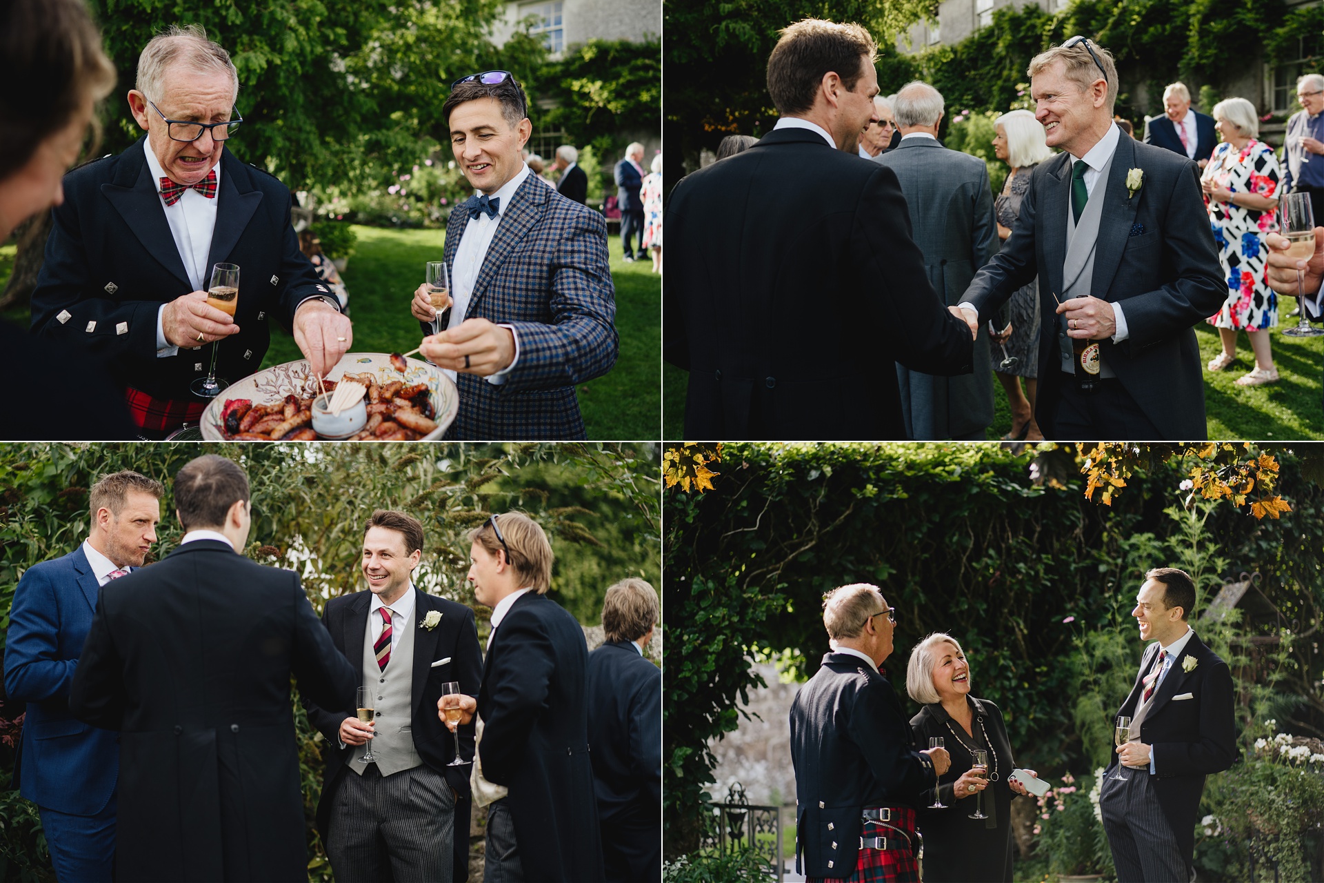 Wedding guests chatting and laughing in a stunning garden venue