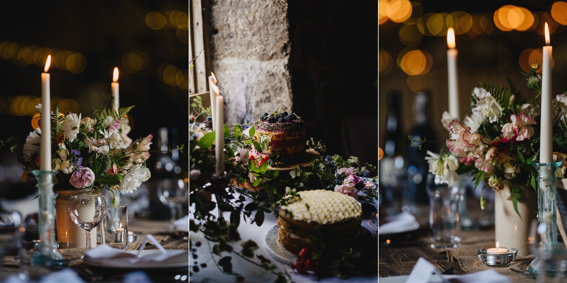 Wow factor table flowers and candles inside a beautiful dark wedding barn