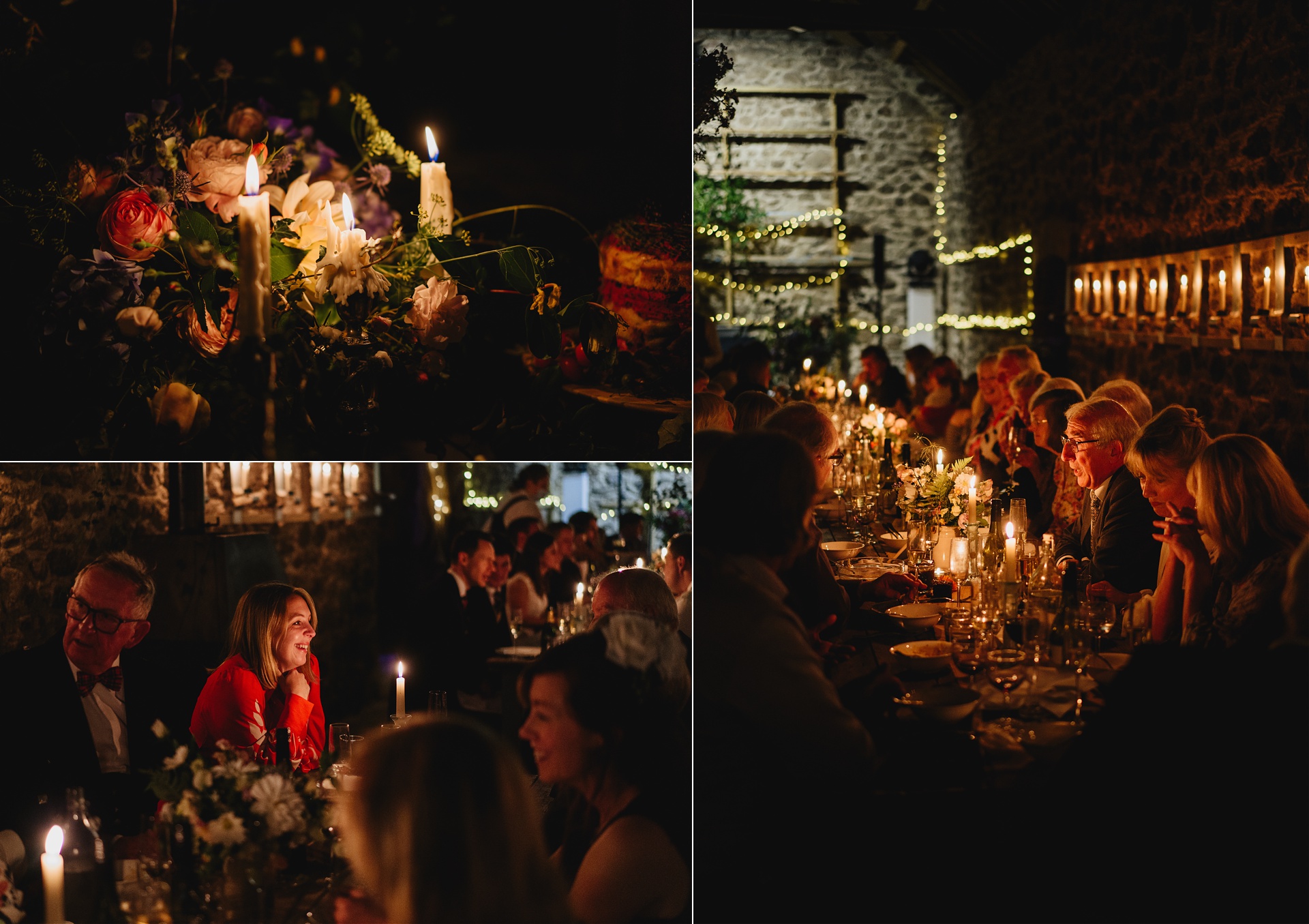 Wedding guests chatting around tables in dark ambience with candles lit in a wow factor barn wedding
