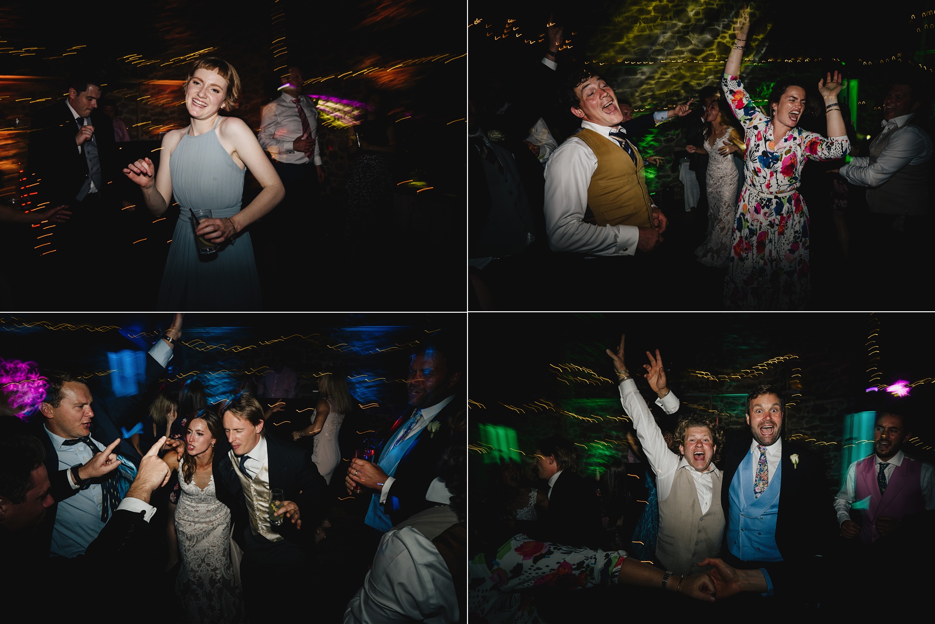 Wedding guests dancing at an amazing barn wedding with disco lighting