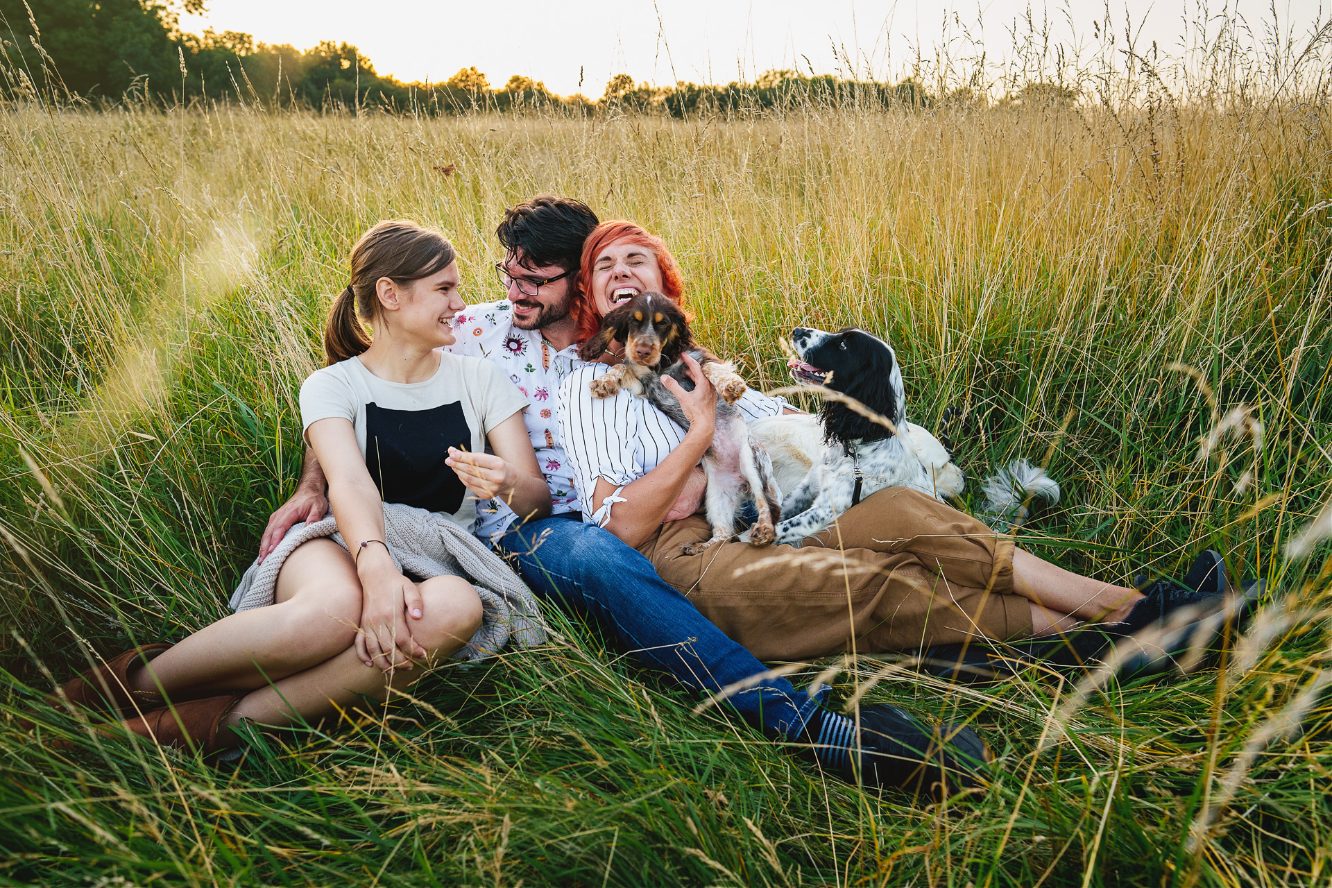 A laughing family sitting together in long grass with three dogs.