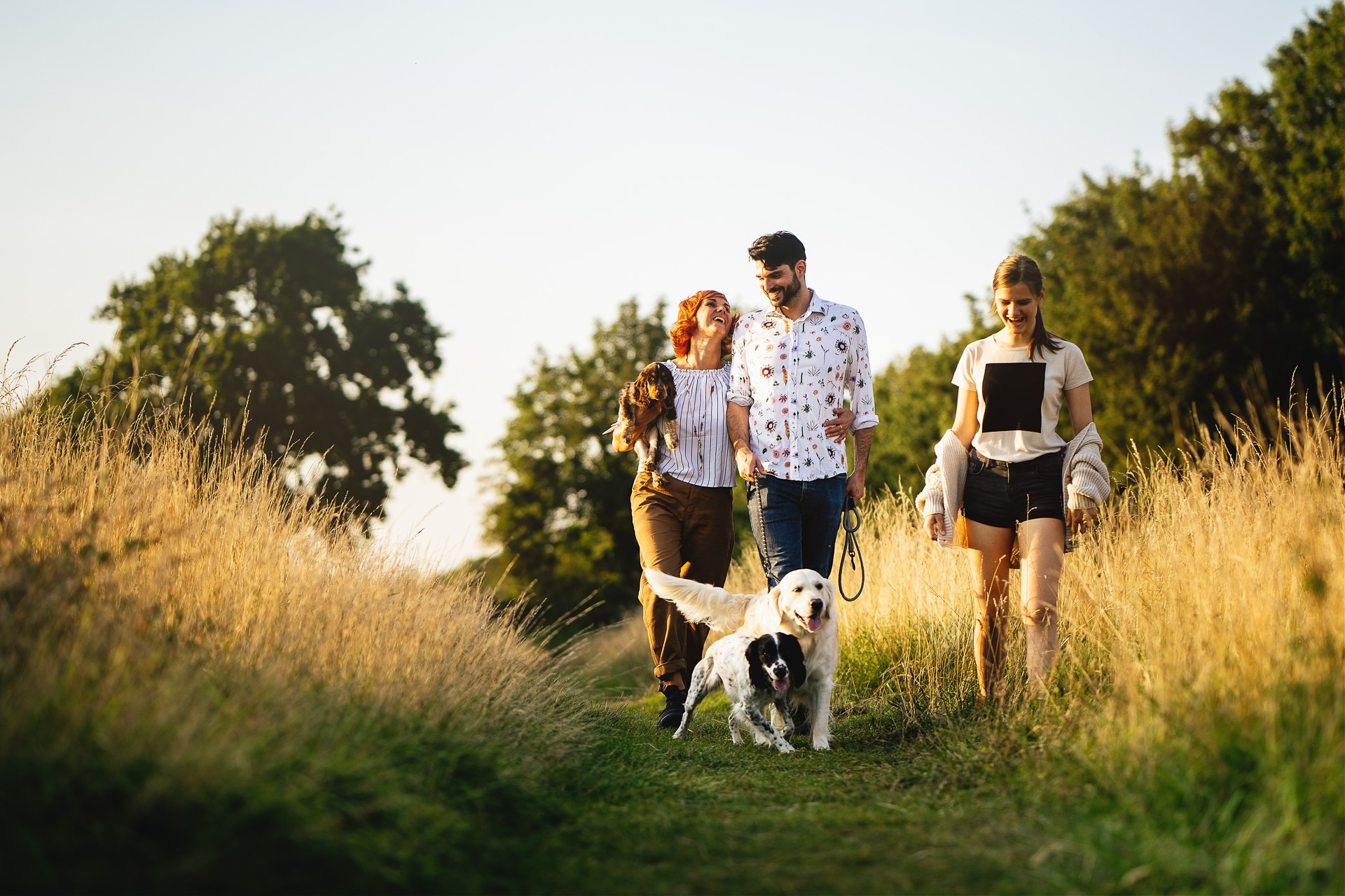 A family walking together in a field with long grass, with a puppy carried in the woman's arms and two dogs walking on leads. 