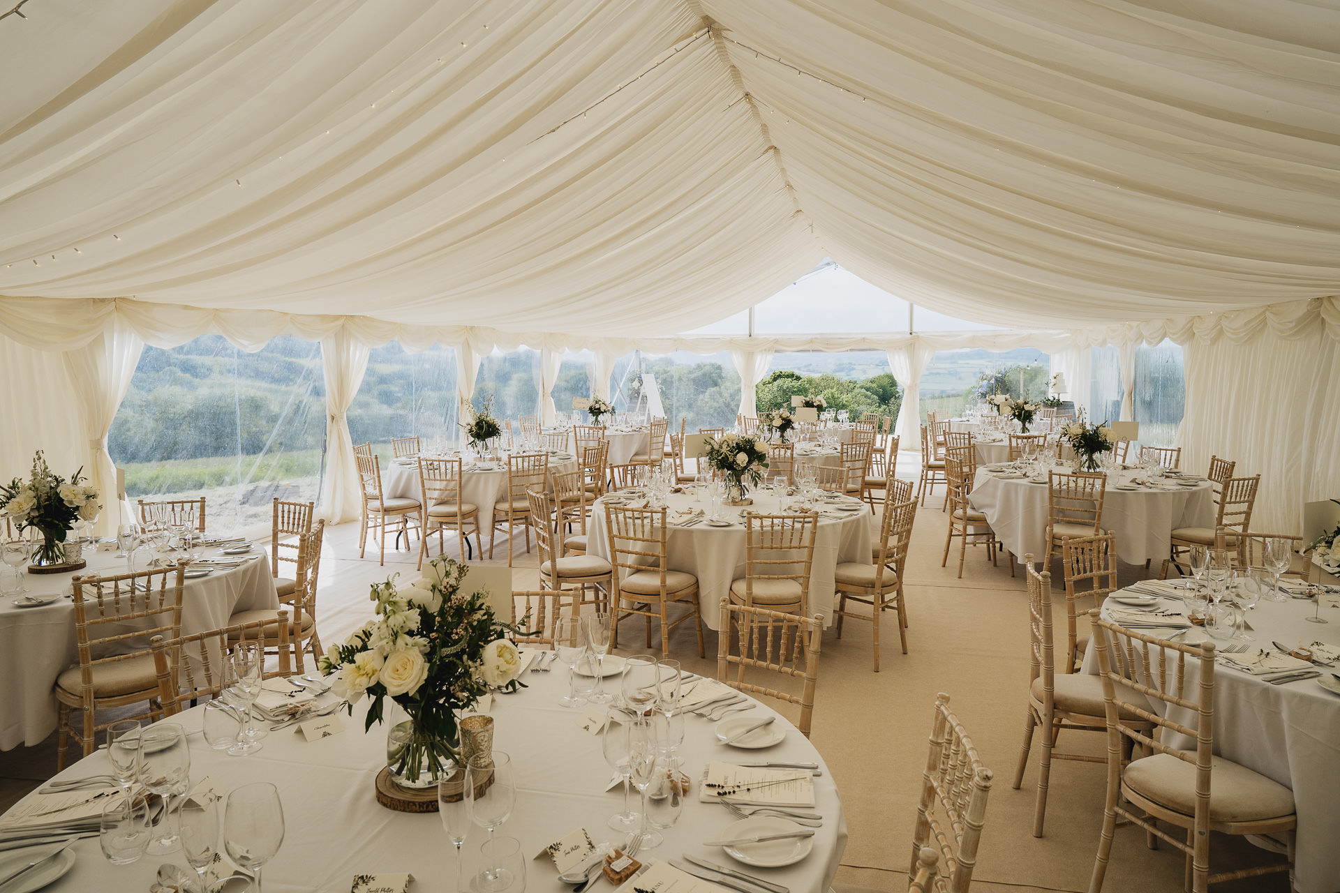 Interior of a wedding marquee at River Cottage