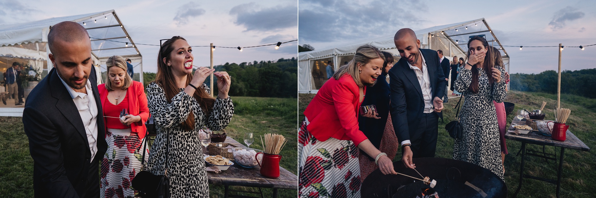 Wedding guests toasting marshmallows and laughing together
