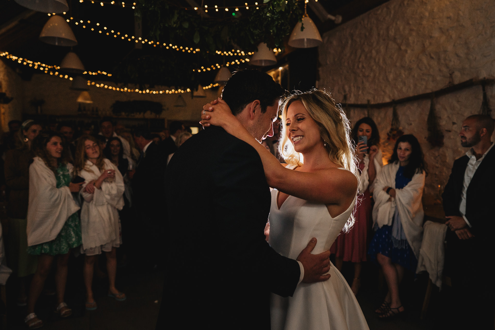 First dance for bride and groom during wedding at River Cottage