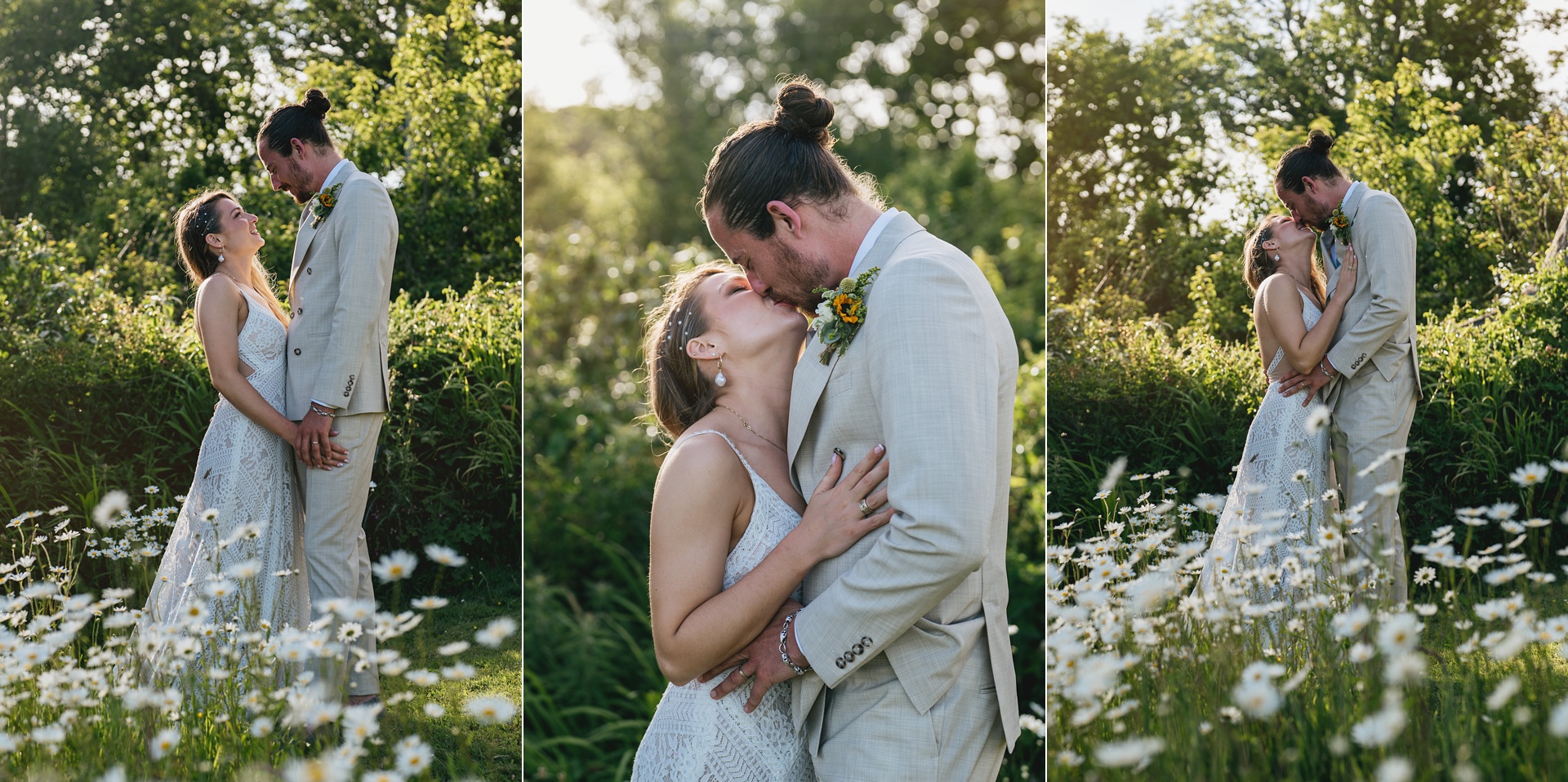 Bride and groom kissing amongst daisies at Prussia Cove