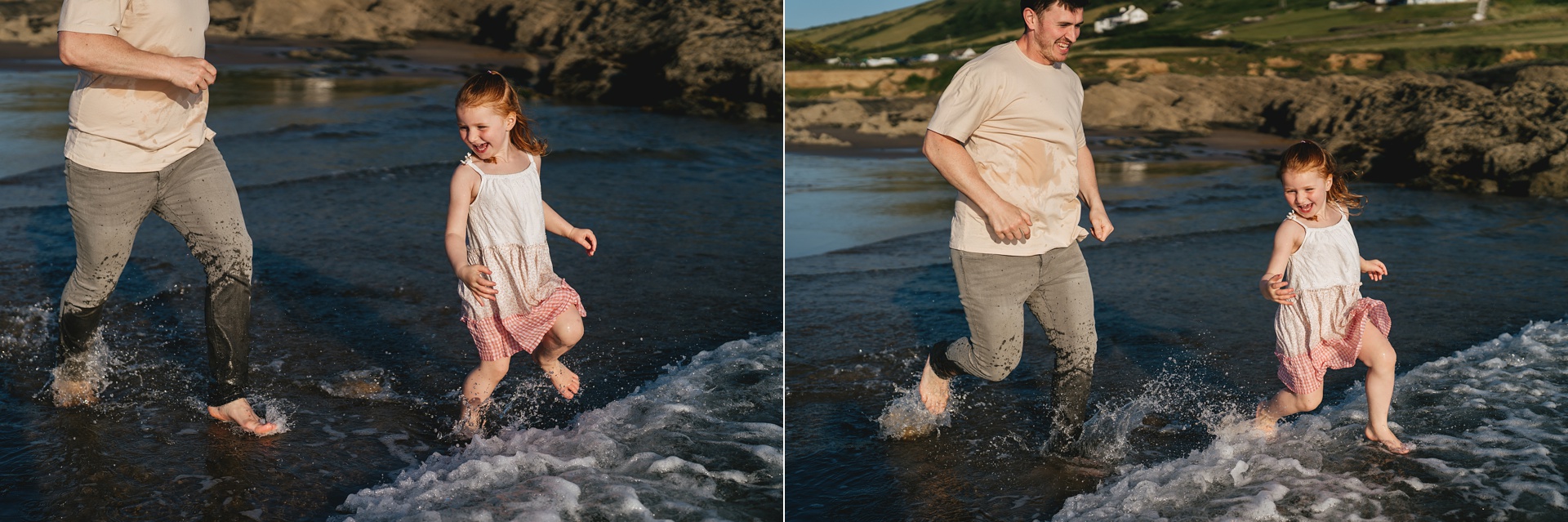 A father running into the sea with his young daughter