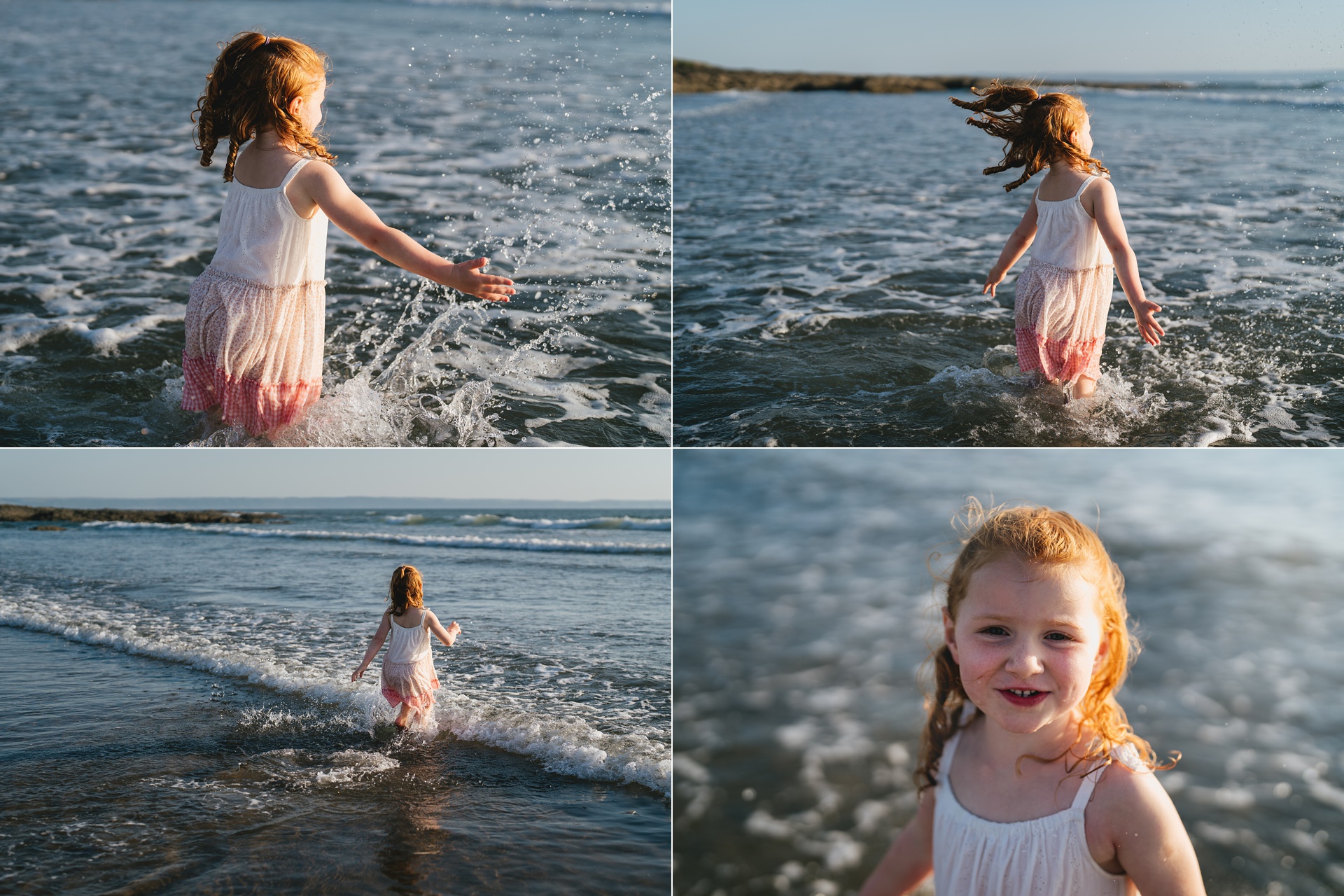 A young girl in a dress, jumping in the sea and splashing with the waves