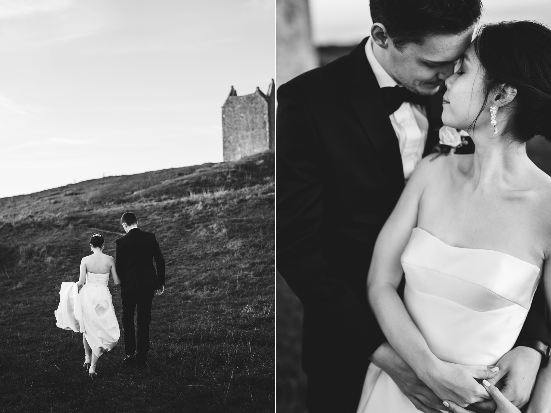 Two black & white images of a bride and groom walking up a hill and cuddling together. Groom wearing black tie and bride in a stunning Jesus Peiro wedding dress